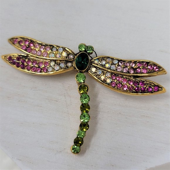 Dragonfly Rhinestone Pin Brooch Pink n Green - Picture 5 of 8